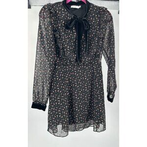 LUSH Women's Dress Short Floral Black Velvet Ruffles Sheer Long Sleeve